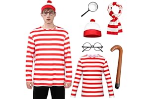 Antsparty Red and White Striped T-Shirt Set for Adult, 6PCS Wally Costume Cosplay with T-Shirt, Socks, Beanie Hat, Glasses, Men Women Halloween Costumes World Book Day Outfit