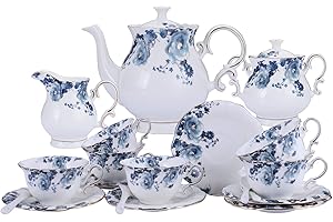 fanquare 15 Piezas Juegos de Té de Porcelana con Flores Azules, Vintage Juego de Café Inglesa, Servicio de Té de Boda para Niña