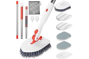 Roxanex Szczotka do płytek łazienkowych 3 w 1, 5 szczotek, ulepszona szczotka do prysznica, wanny, podłogi, ścian, kuchni, wilgotnych pomieszczeń, samochodu, listwy, wysuwany uchwyt o długości 130 cm