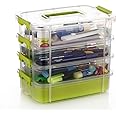 RECLUSE Multi-Compartment Craft Storage Organizer Box with Dividers,Handled Organizer Transparent Stackable Adjustable Compartment Storage Box with 1 Trays Bins for Arts Crafts Supplies (MultiColor)