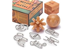 LESONG Brain Teasers Metal and Wooden Puzzles for Kids and Adults 9 Pack, Mind, IQ, and Logic Test and Handheld Disentanglement Games, 3D Coil Cast Wire Chain and Durable Wood Educational Toys
