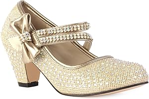 MY 1ST WISH 90O Girls Gold Diamante Strappy Kids Block Heel Mary Jane Style Court Shoes Size
