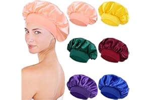 Yoosit 6 Pack Colors Satin Lined Silky Sleeping Bonnets Sleep Caps Curly Long Hair Protector Night Large Adjustable Wide Brim Band Sleep Hats Hair Wraps for Women Men Girl (Mix Colors)