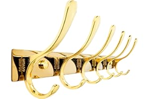SKOLOO Coat Rack Wall Mounted - 6 Hooks, Heavy Duty, Stainless Steel, Metal Wall Coat Hanger, Sturdy Wall Hooks for Hanging Coat, Jacket, Clothes, Hat, Bright Gold