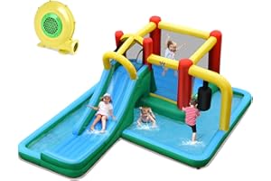 GOPLUS 7 en 1 Château Gonflable,Aire de Jeux Gonflable avec Zone de Saut,Escalade,Piscine,Toboggan, Pistolet à Eau,pour Fête de l'eau d'Eté des Enfants de 3-10 Ans,470X370X190CM (avec Souffleur 680W)
