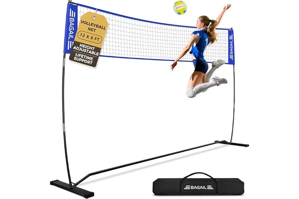 BAGAIL Filet de volley-ball portable de 3,7 m/6,1 m pour arrière-cour – Hauteur réglable, cadre robuste, design autonome – Ensemble de volleyball portable intérieur/extérieur avec sac de transport
