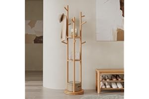 AQIMUELE Coat Stand, Wooden Coat Rack Stand with 3 Storage Shelves and 9 Hooks, Freestanding - Rotatable Coat Hanger Stand, Sturdy and Easy Assembly for Hallway, Bedroom (Wood Color)