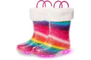 EUXTERPA Kids Wellies with Warm Fuzzy Lining, Light Up Glitter Winter Boots for Girls Boys, Handle it Easy on Wellington Waterproof Palying Boots