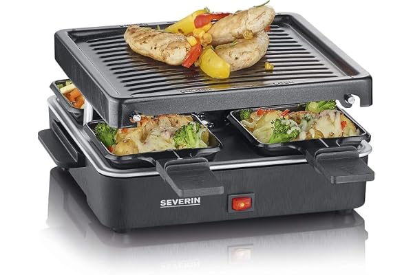 SEVERIN Raclette Gril 4 pers., Compacte, Plaque Anti-adhésive 21 X 21 cm, Inclus 4 Poêlons, Revêtement Anti-adhésif, Noir, RG 2370