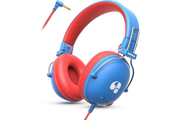 awatrue Casque Audio Enfant, Casque Filaire Enfant, Limite de Volume 74/85dB, Son Stéréo, Son Haute Définition, Fiche Jack 3,5 mm pour IPad/Tablette/PC/Voyage (Bleu Rouge)