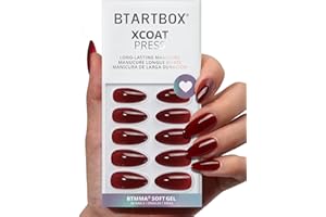 BTArtbox Almond False Nails - Lamp-Curable Dark Red Medium Press On Nails with Glue, Semi-Transparent Soft Gel Stick On Nails for Women in 15 Sizes - 30 Fake Nail Kit, Blackout