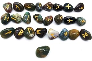 Ädelsten runset älder futhark drake blod jaspis heliotrop solrop guld gravyr 25 stenar ca 20 mm i sammetspåse | Mytologi viking esoterik meditation magi, ca. 2 cm, Ädelsten, Jasper