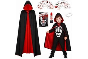 panemy Vampyrkostym barnset, Dracula, vändbar djävul, mantel kostym | Vampyrkappa i svart och röd med vampyrtänder, konstblod och tillfällig tatuering för halloween och karneval