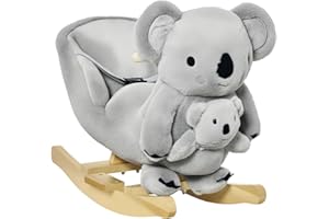 HOMCOM Jouet à Bascule Koala avec marionnette - Effet sonore Rugissement - Fauteuil intégré, Ceinture de sécurité - pour 18-36 Mois - Bois peuplier Peluche Courte Polyester Gris