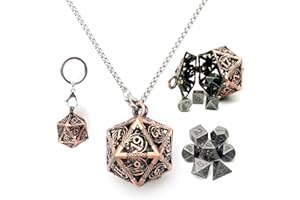 Haxtec Mini Metal DND Dice Set With Copper Hollow D20 Necklace Dice Case Antique Tiny Metal Dice Set D&D Keychain Portable 7PCS Dice Set