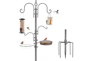 MIXXIDEA Bird Feeder Station Kit, Bird Feeders Pole with 5-Prong Base, Multifunctional Birds Feeders Stand for Outdoors, with Hooks, Feeders, Bath Tray, Easy to Use, 1 Set in Black (Set of 3 feeders)