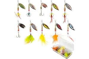 LEBKFT 10Pcs Fishing Spinner Lures Set, Fishing Lures Baits Multi Coloured Metal with Rotating Spinners Treble Hooks Spinner lure for Trout Bass Pike Salmon in Freshwater and Saltwater