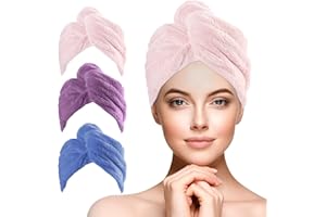 URAQT Asciugamano Microfibra Capelli, 3 Pezzi Asciugamano Capelli Turbante con Bottone, Morbido Assorbente e Asciugatura Rapida, Turbante Super Assorbente per Capelli Corti e Lunghi(Ricamato)