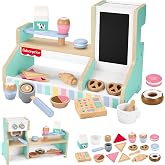 Fisher-Price 3 yaş ve &uuml;zeri &ccedil;ocuklar i&ccedil;in 20 ahşap par&ccedil;adan oluşan Ahşap Kahve D&uuml;kkanı oyun seti ve oyuncak kasa, HXV22