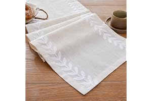 Wracra Linen Embroidered Table Runner, Irregular Willow Leaf Table Runners 90cm Long, Rustic Farmhouse Table Runner for Dining Holiday Parties and Everyday Use(White, 90cm)