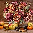 Purfex Artificial Fall Flowers|Fake Roses Silk Bouquets with Hydrangea Autumn Faux Flowers| 1 Bundle Arrangements for Home Fall Wedding Table Centerpieces Party Decor (Orange+Red)