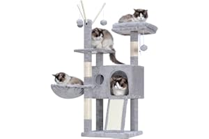 Hey-brother Petit Arbre à Chat, Stable, 105 cm, avec Jouets Amovibles, Grotte, 1 Plateforme, 1 Panier pour Chat, Plateau à griffer en sisal et Boule en Peluche, Convient aux Chatons, Gris Clair