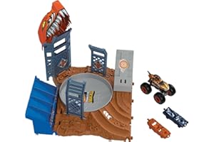 Hot Wheels Monster Trucks Arena Smashers - Tigerhai Schleuder-Challenge im 1:64 Hai-Fahrzeug, 2 kaputtgehende Autos, beweglicher Sockel, für Kinder ab 4 Jahren, HNB93