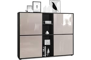 Vladon Credenza Cuba V3, nero opaco/grigio sabbia lucido - Credenza moderna con 12 scomparti (130,5 x 105,5 x 35,5 cm)