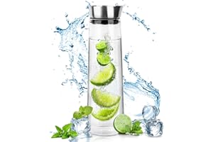 GIGTOOP 1.5 L Carafe en verre,Bouteille en verre avec couvercle et verseur en acier inoxydable,bouilloire résistante à la chaleur, pour eau chaude/froide, vin, thé glacé et boissons à base de jus