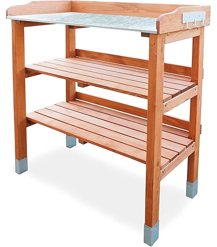 mgc24® plantentafel met verzinkt werkblad - 78x38x82cm van grenenhout donkerbruin, met opbergruimte / 3 haken - voor tuin, balkon, terras