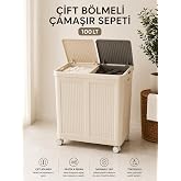 &Ccedil;amaşır 100 LT &Ccedil;ift B&ouml;lmeli Katlanabilir &Ccedil;amaşır Sepeti Tekerlekli Kirli &Ccedil;amaşır Toplama Sepeti
