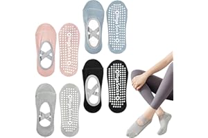 VEKXAR 4 Paia Calzini da Yoga per Donna Calzini da Pilates Antiscivolo Calzini con Impugnatura con Cinturino Incrociato per Allenamento di Danza Esercizio su Trampolino di Balletto (Grigio+Rosa+Nero+Blu)