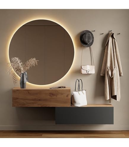 Planetmöbel VELUNA Miroir Mural Rond Avec éclairage 80x80 Cm, Miroir Salle De Bain Avec Interrupteur Tactile à Intensité Variable, 3 Niveaux D' éclairage, Miroir Avec Cadre
