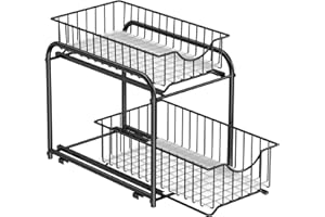 SONGMICS Organizador de cocina, Estantería de 2 Niveles Extraíbles para Armario, Organizador Apilable bajo el Fregadero con Cajones, para Cocina, Baño, Negro Tinta KCS017B01V1