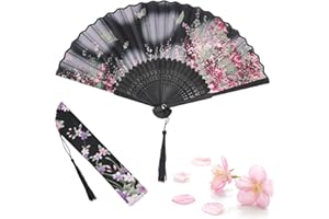 HEAWAA Składany wachlarz ręczny dla kobiet, chiński styl, ręcznie składany wachlarz z bambusa i jedwabiu z frędzlami, na lato, dekoracja ścienna, dekoracja urodzinowa, wesele, impreza, prezent