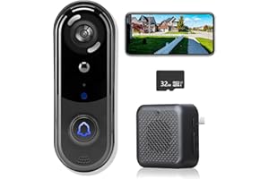 EUDIC Video Doorbell Camera Wireless, No Monthly Fee, with Chime,32GB SD/Cloud Storage, Night Vision, Motion Detection,2 Way Audio, Real Time Alert,2.4G Wifi