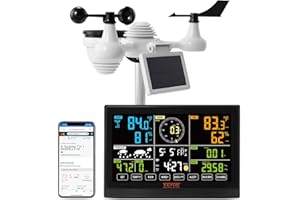 VEVOR Station Météo Wifi 7 en 1 Station Météo Sans Fil Intérieur Extérieur Solaire Grand Écran Couleur 7,5 po Station Météo Numérique Capteur pour Température Humidité Vitesse Direction de Vent Pluie