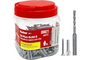 fischer Propack SX Plus 6 S, 200 Tasselli 6x30 con Vite + Punta Trapano SDS 6mm, Riutilizzabile, per Fissaggio su Cemento e Muratura 570206