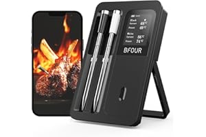 BFOUR Fleischthermometer Kabelloses mit 2 Sonden,Bluetooth Grillthermometer mit Smart Base, LCD-Display, APP-Steuerung, Bratenthermometer digital für Ofen, Grill,Räucherofen,Upgrade Ver.