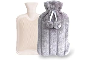 KOVO 2L Hot Water Bottle with Luxury Faux Fur Cover – Plush Soft Fleece – Reusable Leakproof Bottle – Long-Lasting Warmth for Winter Comfort –Light Grey