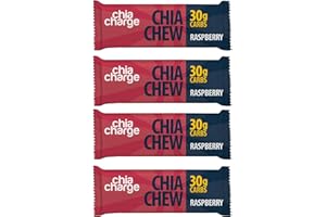 Chia Charge High Energy Chews for Running, Cycling, Hiking, Fitness, and Sports, Gel and Drink Alternative with Pink Himalayan Salt and Milled Chia Seeds, 30g Carbs (Raspberry, 4 Pack)