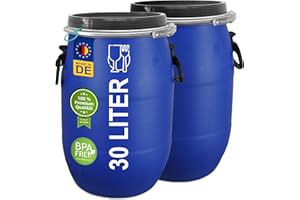 plasteo® 2 barriles de tapa de 30 litros, aptos para alimentos, aprobación de la FDA, aprobación UN, IKG, sello de calidad, barril de plástico, barril de boca ancha, barril universal, hermético,