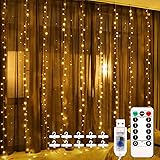 Fulighture Luci Tenda, 3x3m 300 Led Natale Tenda Luminosa, Impermeabile IP67 Bianco Caldo Luci per Tende con Telecomando 8 Mo