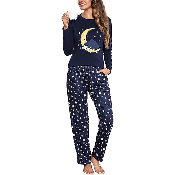Bresdk Pyjama voor dames, katoen, V-hals, damespyjamasets, winter, lange mouwen, nachtkleding, zachte nachtkleding met zakken, Blauw, XL