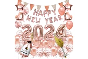 IWHEAT Silvester Deko 2024, Neujahr 2024 Dekorationen, Rosegold Neujahr Dekoration Set mit Happy New Year Girlande, Zahlen 2024 Folienballon, 2024 Silvester Dekoration Partyzubehör
