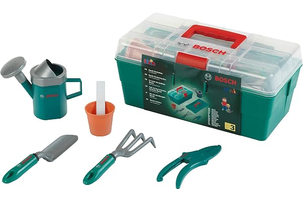 Theo Klein 2791 Caisse de Jardinage Bosch garnie - Nombreux Accessoires : arrosoir, Pelle Manche Court, râteau Manche Court, sécateur, etc. - Dimensions : 31,8 x 14 x 17,1 cm - pour Enfants dès 3 Ans