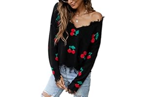 tinetill Strickpullover Damen Zerrissene Kurz Pullover Langarm V Ausschnitt Oberteil Loose Feinstrick Pulli Y2K Jumper mit Blumenmuster Quasten Strickpullover Streetwear