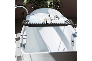 Vencier Foldable Bamboo Bath Tub Rack – Adjustable Bathroom Shelf, Tidy Tray & Storage Caddy Organiser for Relaxing Spa Bath (Black)