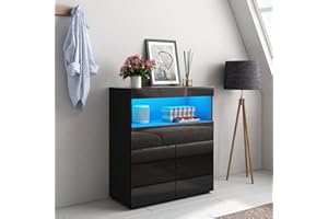 HOME EAGLES LIMITED Sideboard Cabinet, Modern Living Room Storage Cabinet Unit High Gloss with 2 Doors 1 Drawer and Shelf for Living Room with LED Light Storage Cupboard for Dining Living Room Hallway, 80x35x90cm (Black)