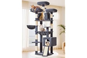 Taoqimiao Cat Tree, 193 CM Cat Tower for Indoor Cats Large Cats, Multi-level Cat Climbing Tower, 7 Sisal Scratching Posts, 2 Cozy Condos, Metal Hammock, Hanging Basket, 3 Top Perches, MS047 Smoke Grey